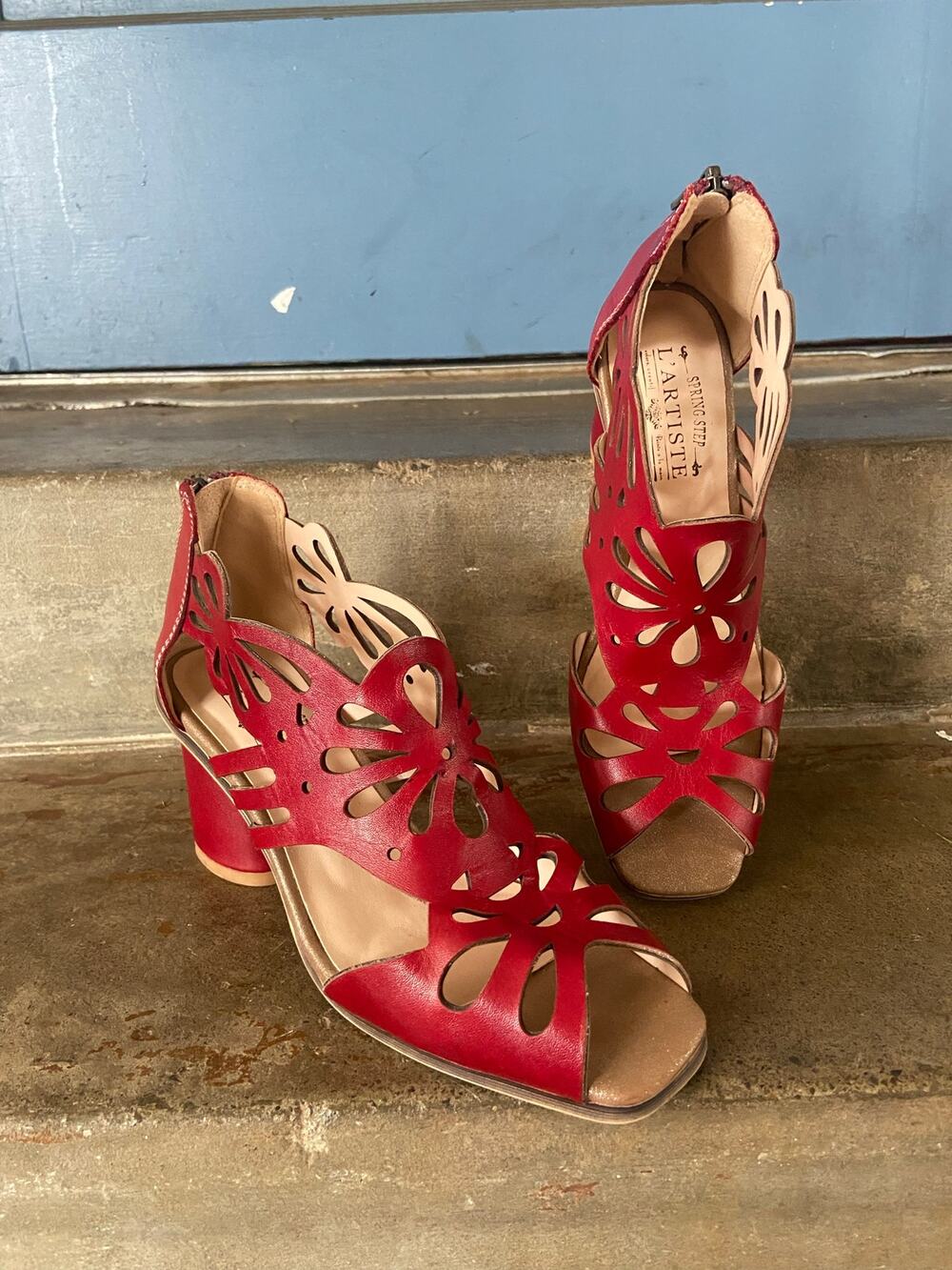 L’Artiste by Spring Step deep red laser cut out block heel sandals